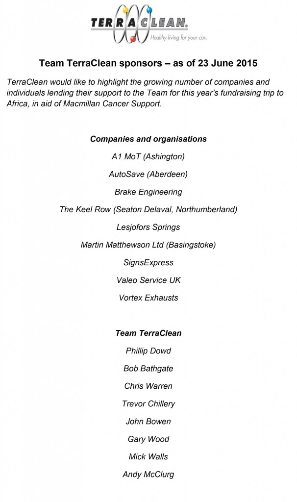 Team TerraClean's Taxi to Africa sponsors