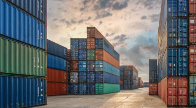 perspective view of containers at containers yard with forklift