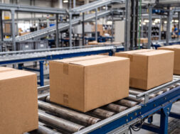 Cardboard boxes moving on a conveyor belt in a warehouse 02