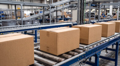 Cardboard boxes moving on a conveyor belt in a warehouse 02